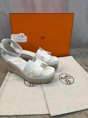 Hermes White Leather Ankle-Strap Espadrille Wedge Sandals